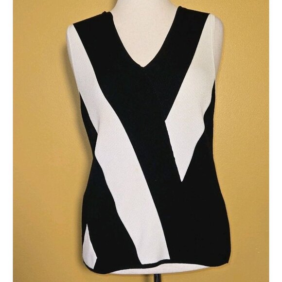 INC International Concepts Colorblock Sweater Vest Black White V Neck Knit Top L - Picture 2 of 9